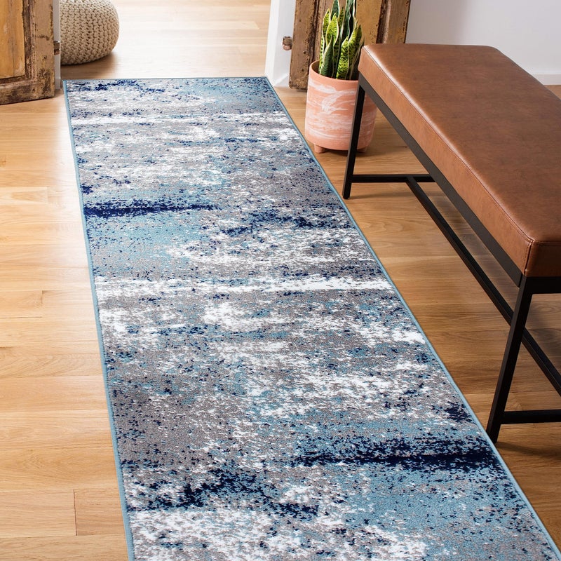 Rugshop Modern Distressed Blue Abstract Runner Rug Bohemian Inspired Watercolor for Hallway, Entryway and Kitchen 2' x 7' - Image 1